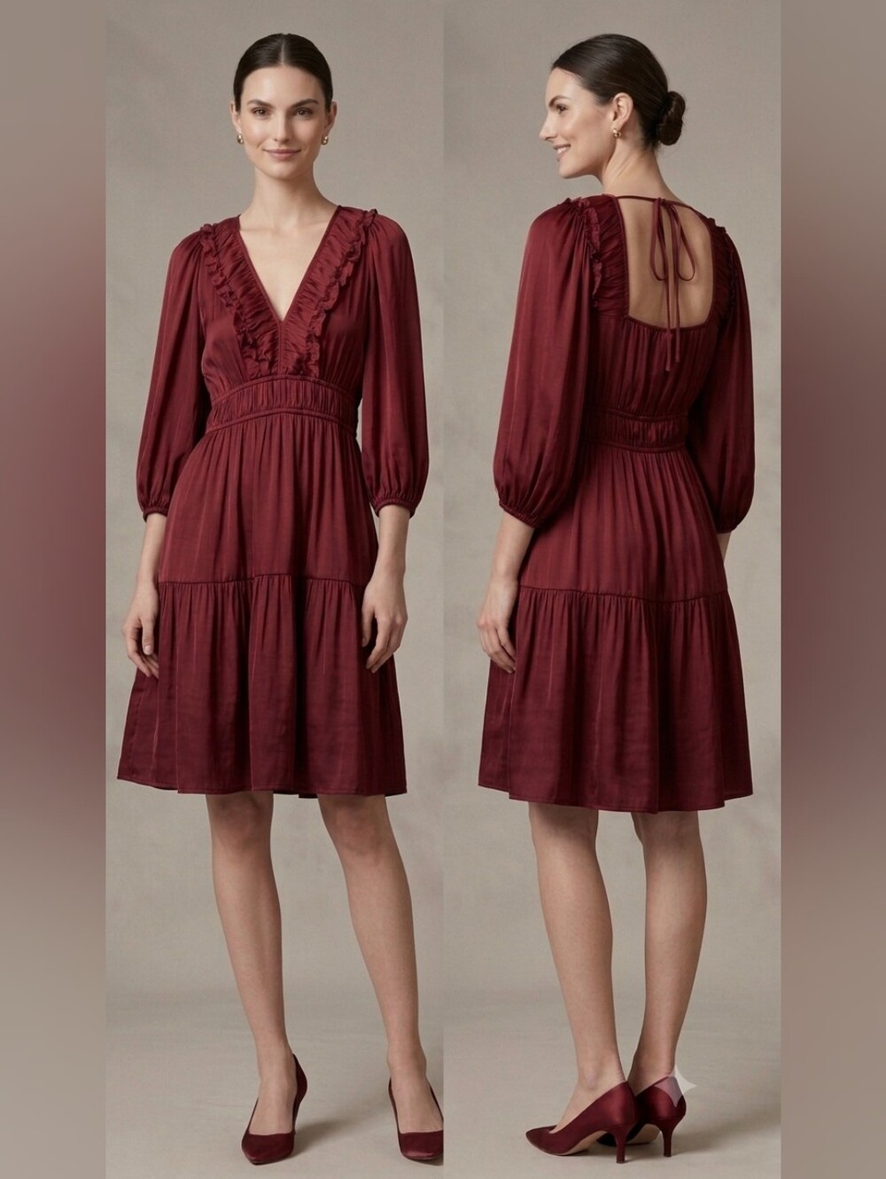 NWOT BOHME Women's V-Neck Ruffled Tiered Dress - Deep Burgundy. Size Large.